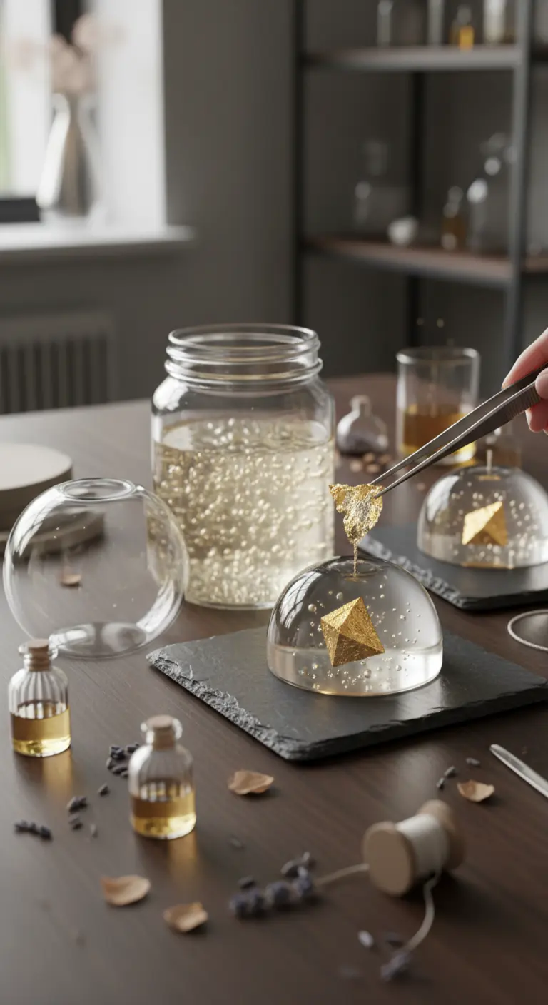 Persona decorando una vela de gel transparente con una pirámide dorada en su interior