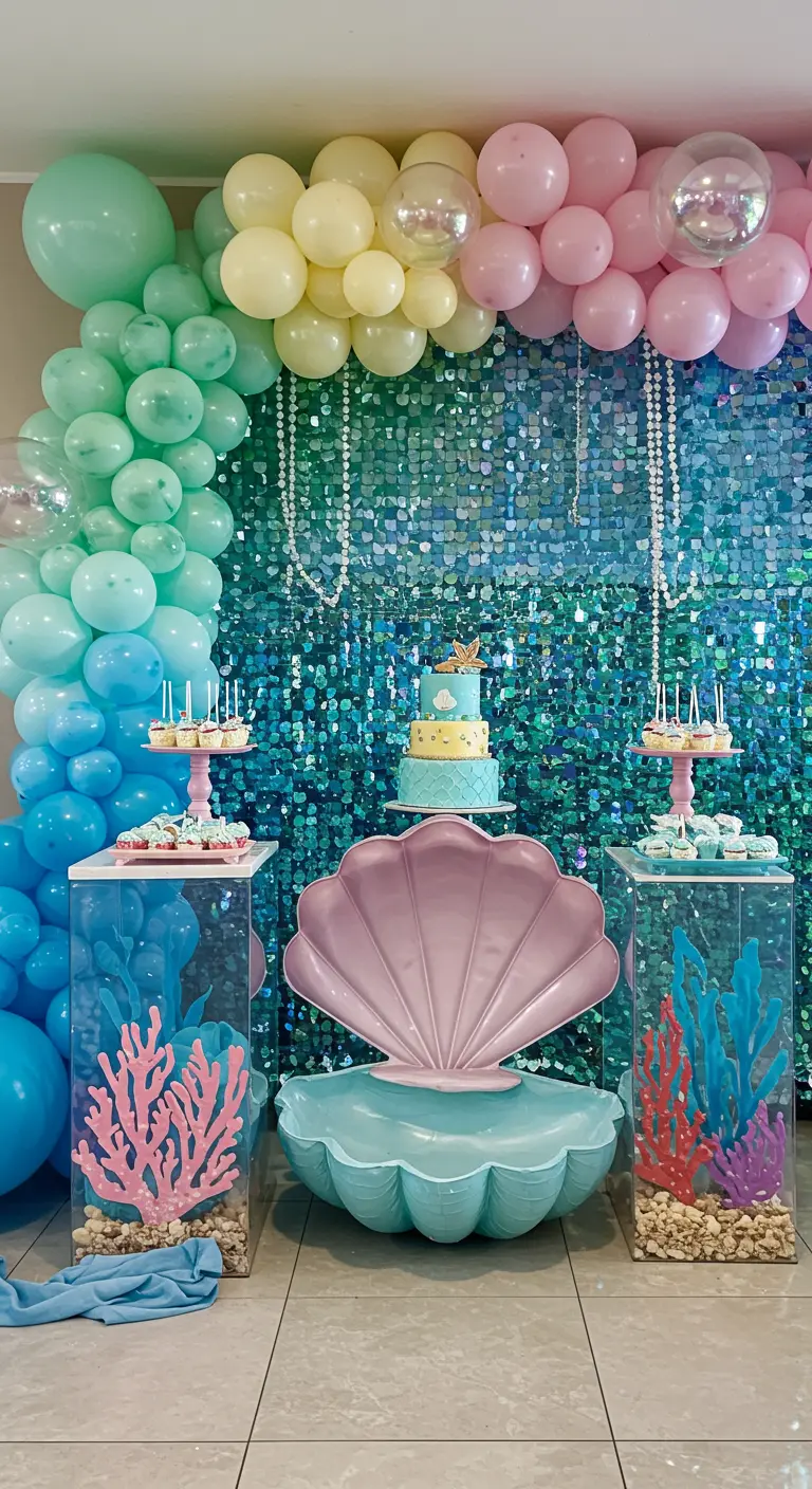Fondo de lentejuelas turquesas con globos y decoración de temática de sirena.