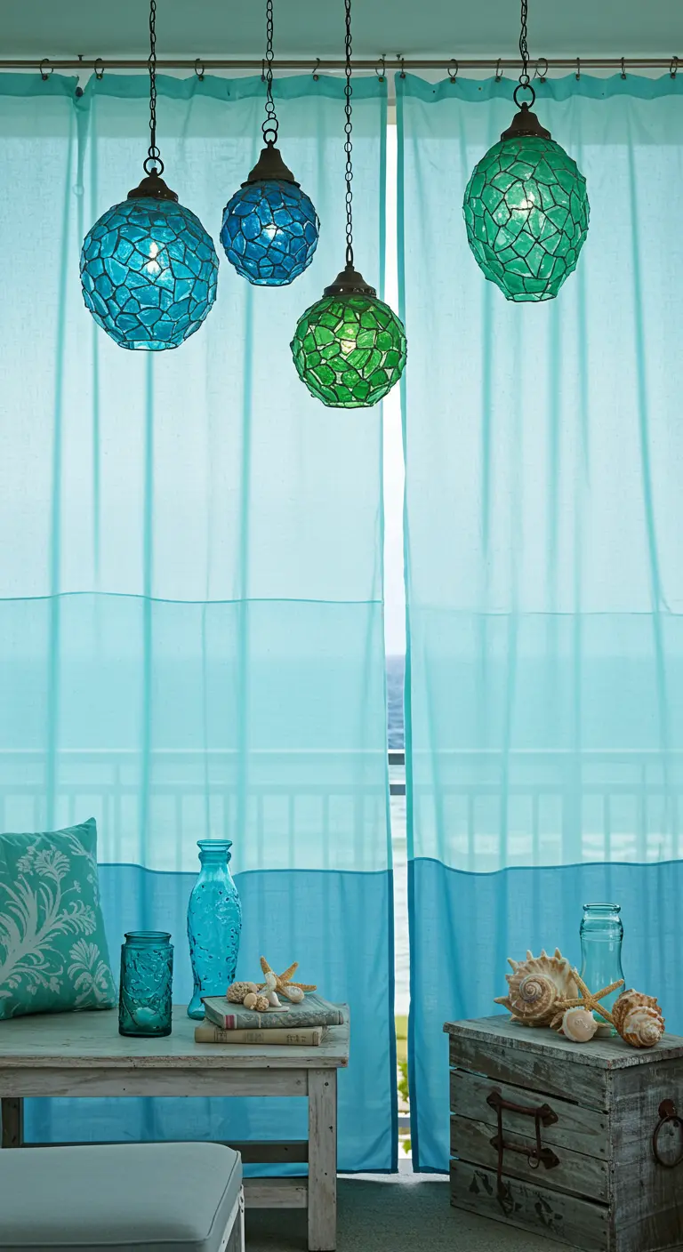 Decoración de porche marino con cortinas turquesas, lámparas de mosaico de vidrio y conchas.
