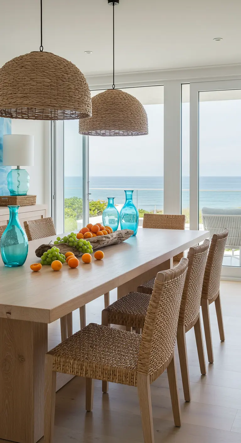 Centro de mesa costero con una madera de deriva, uvas, albaricoques y jarrones turquesa.