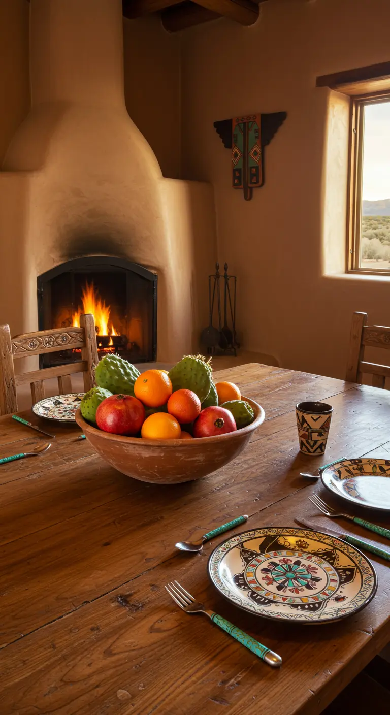 Mesa de comedor de estilo suroeste con un cuenco de barro con tunas, naranjas y granadas.