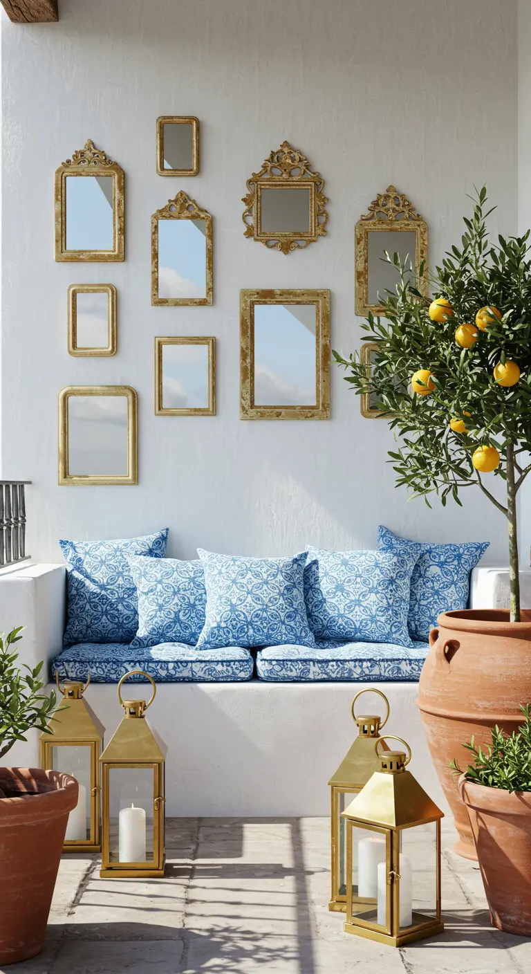 Pared blanca de balcón con una colección de pequeños espejos vintage dorados.