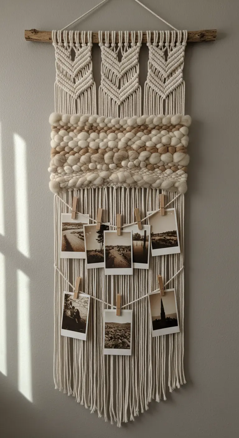 Tapiz de macramé con una sección central tejida con lana de vellón gruesa en tonos beige.