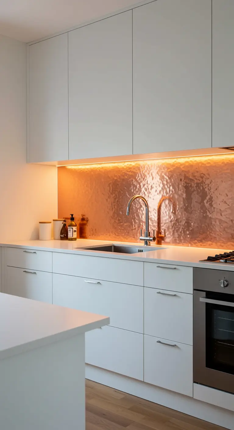 Salpicadero de cobre martillado iluminado por una luz led cálida en una cocina blanca