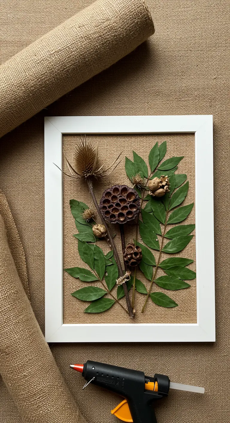 Composición rústica con cardos secos y hojas verdes sobre un fondo de arpillera en un marco blanco.