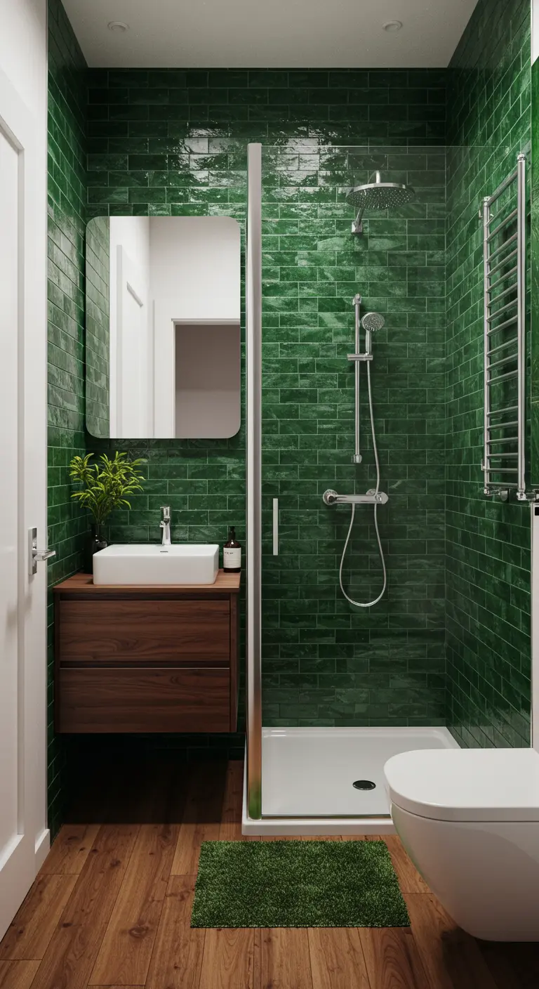 Baño pequeño con azulejos verdes brillantes, mueble de madera y alfombra verde de pelo.