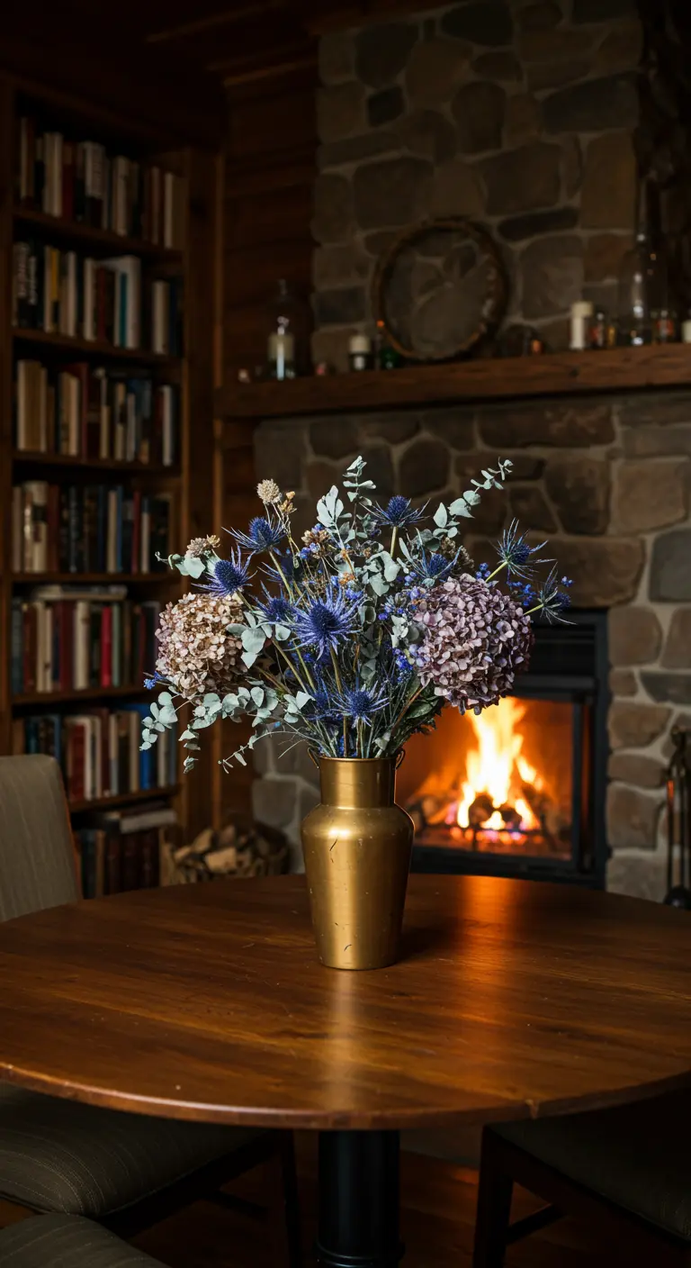 Jarrón dorado con hortensias secas y cardos azules sobre una mesa de madera frente a una chimenea.
