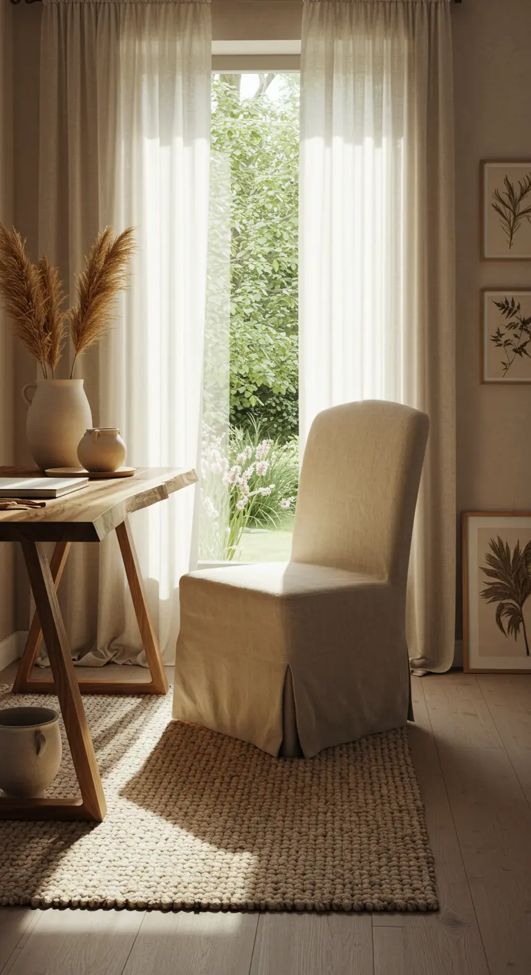 Rincón de trabajo rústico y natural con escritorio de madera, silla con funda de lino y pampas.