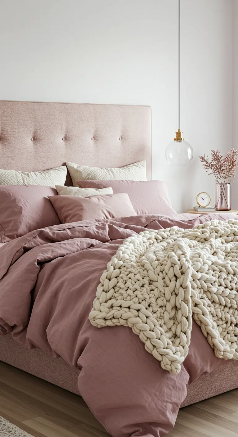 Cama con cabecero tapizado en rosa y una gran manta de punto grueso color crema.