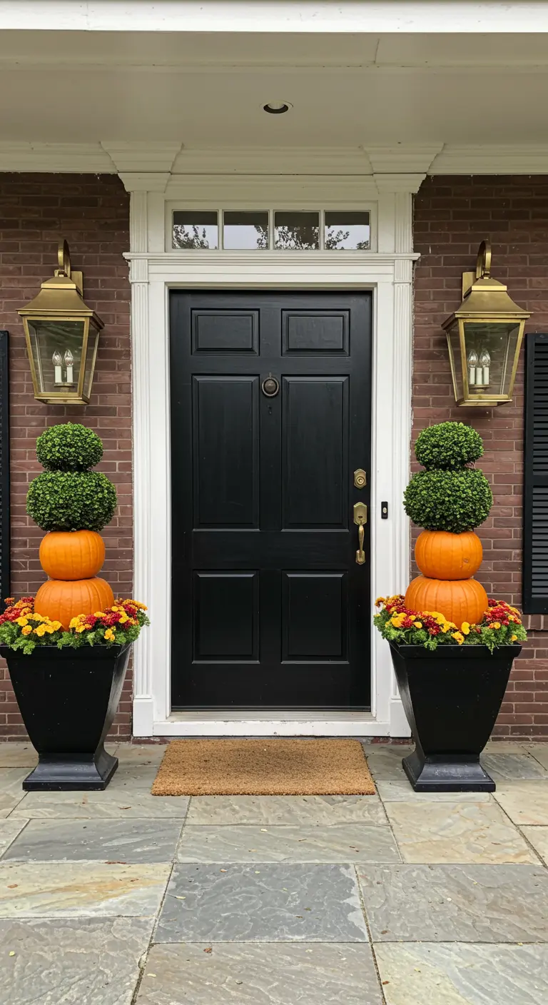 Entrada simétrica con macetas negras que contienen topiarios de boj apilados sobre calabazas.