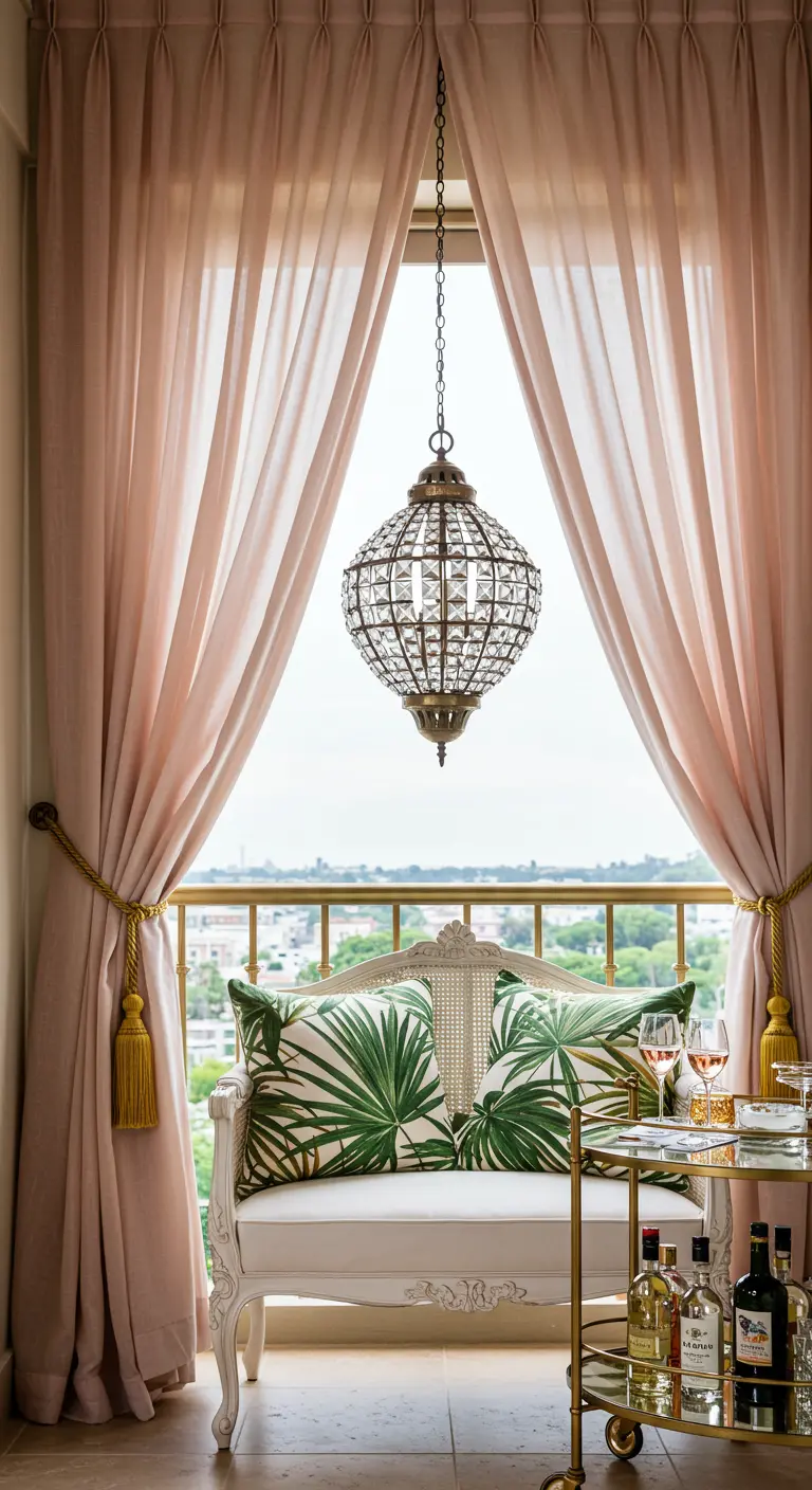 Balcón glamuroso con cortinas rosas, lámpara de araña, sofá blanco y carrito de bar dorado.