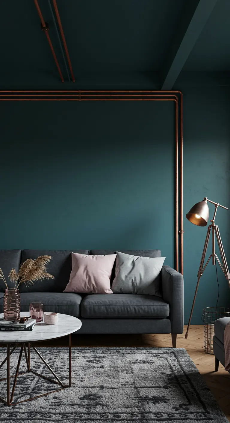 Sala de estar con paredes verde azulado y detalles decorativos de tuberías de cobre.