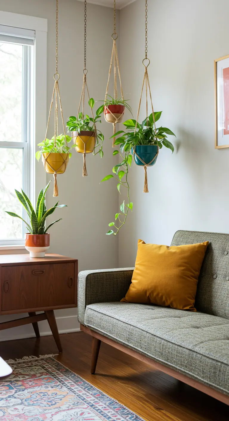 Macetas de cerámica de colores de estilo mid-century colgando junto a una ventana