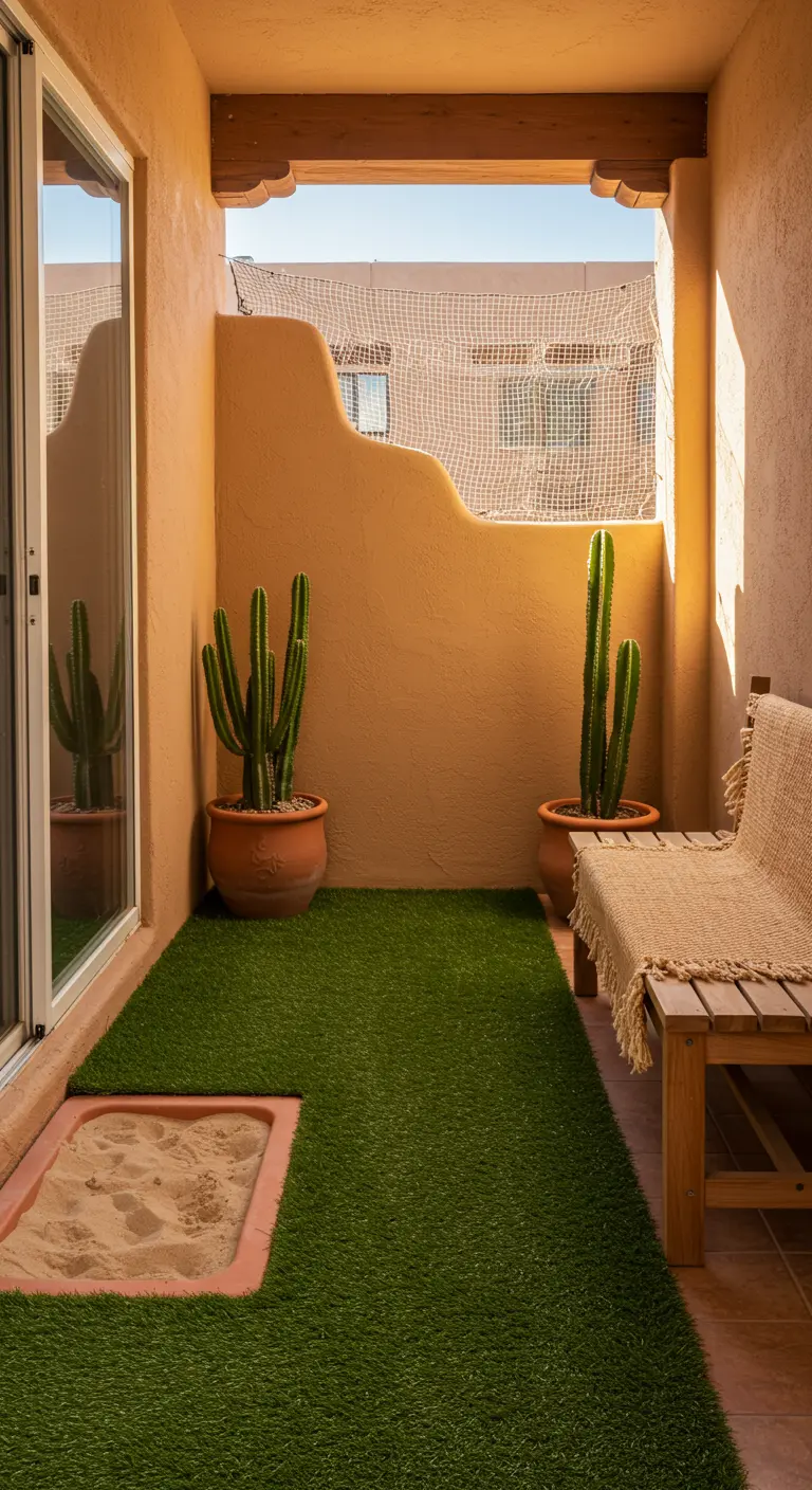 Balcón estilo suroeste con césped artificial y un arenero integrado en el suelo para mascotas