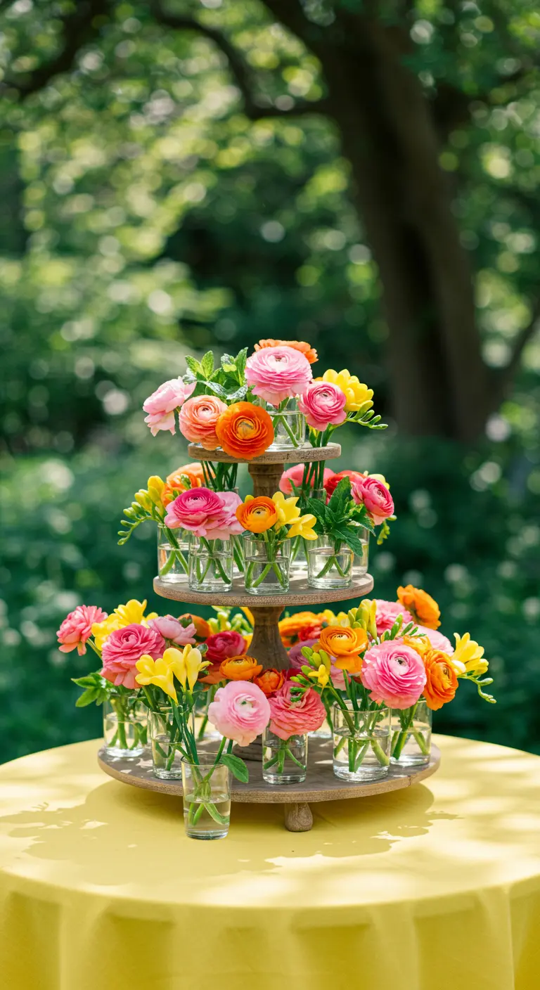Soporte de postres de tres niveles lleno de pequeños vasos con ranúnculos de colores.