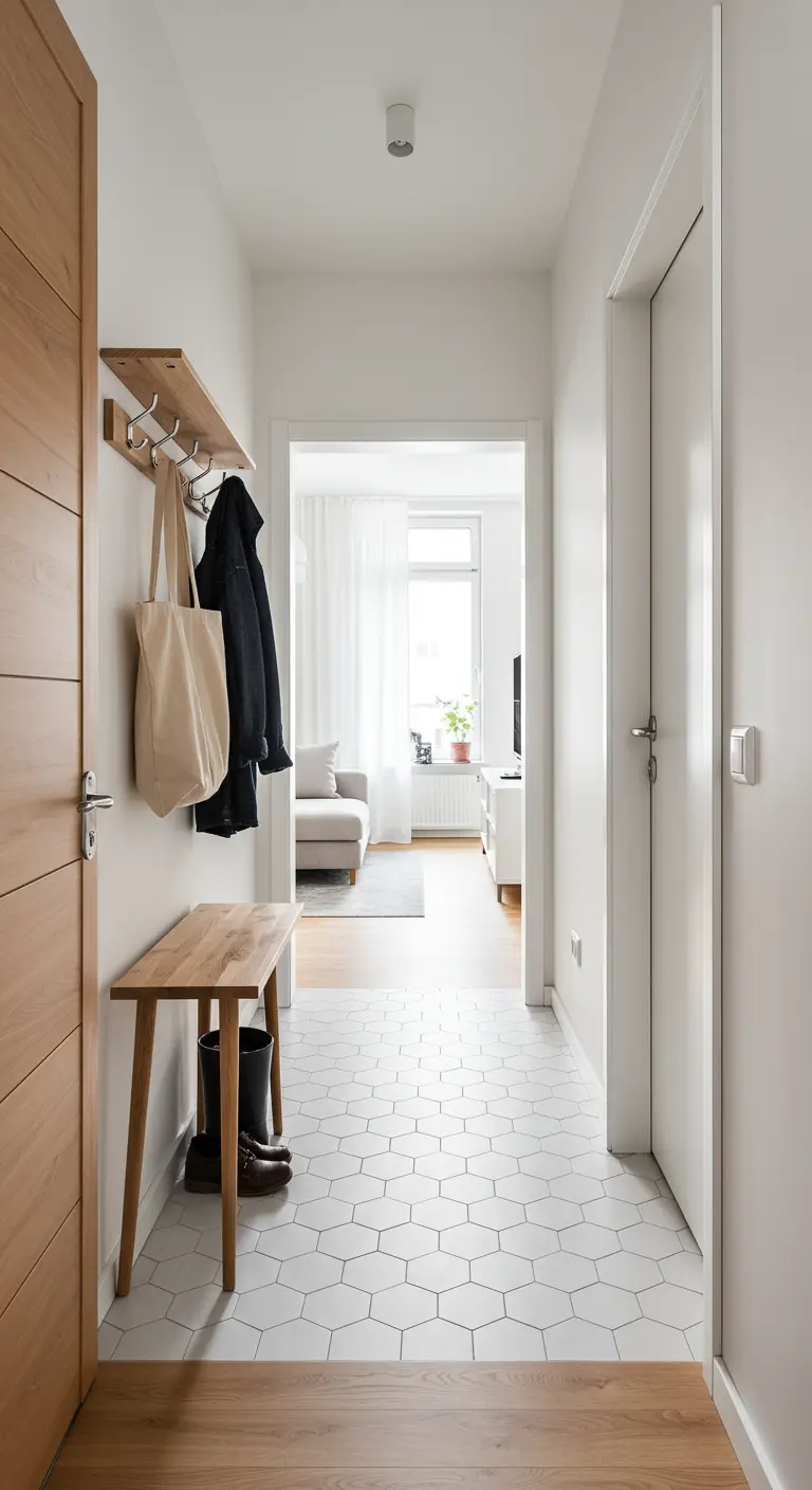 Entrada con suelo de baldosas hexagonales que contrasta con el parquet y un mueble perchero de madera.