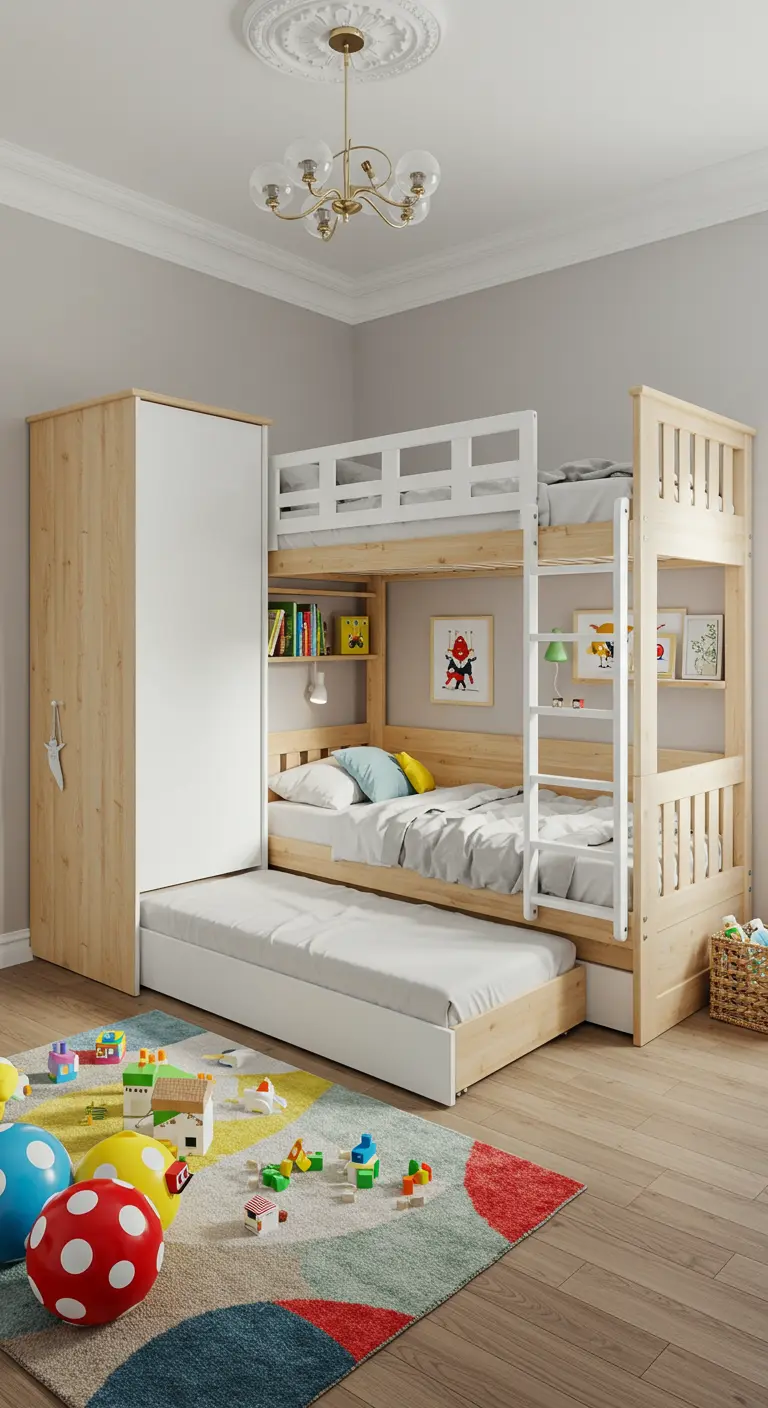 Litera de madera y blanco con una tercera cama nido extraíble y un armario integrado.