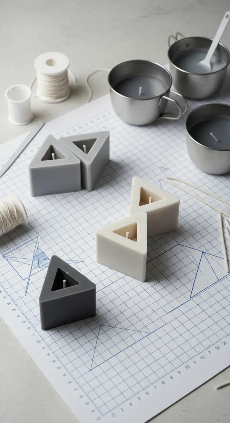 Varias velas caseras con forma de triángulo en tonos grises y blancos sobre un plano de diseño