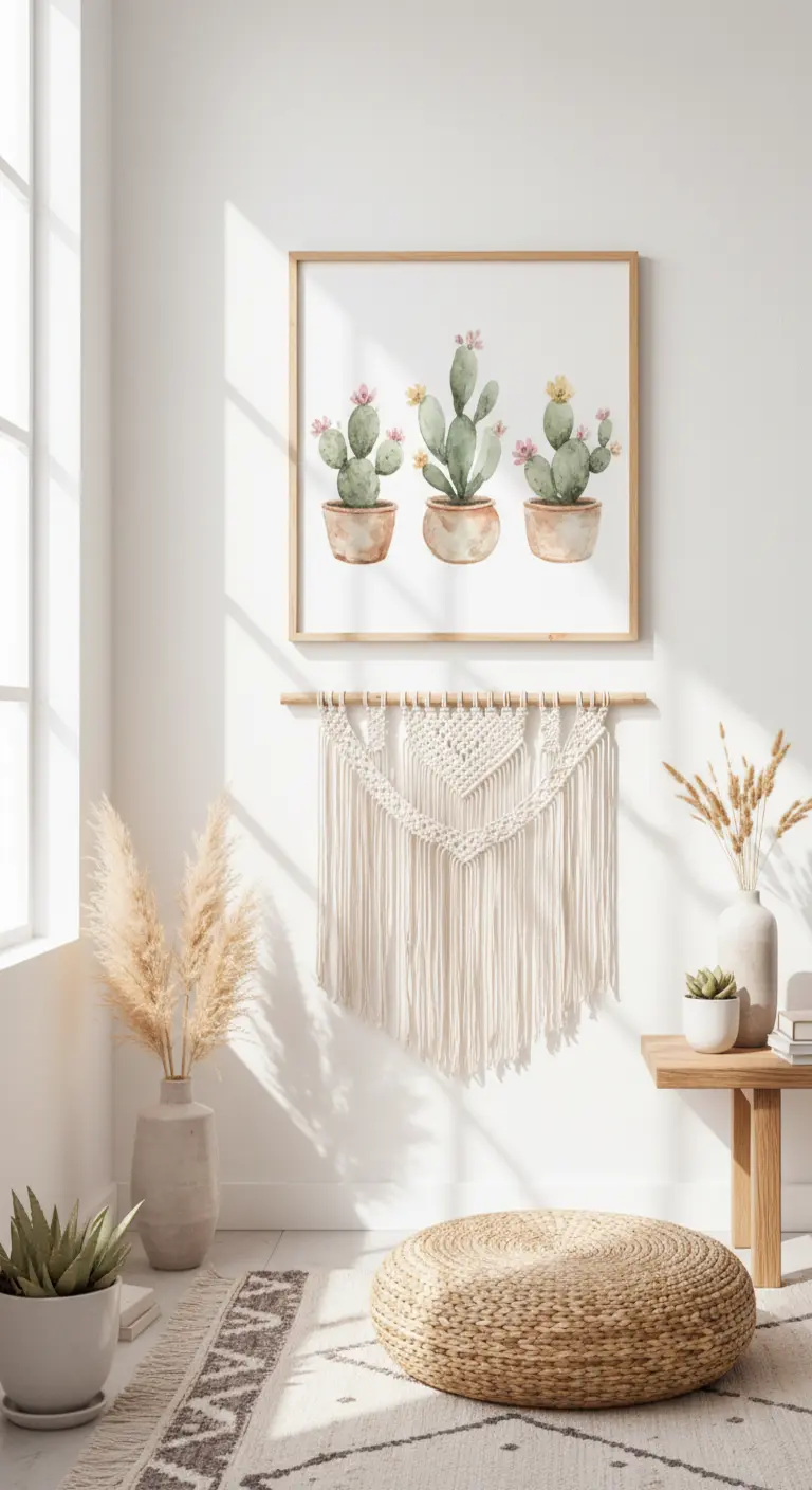 Cuadro en acuarela de tres cactus en macetas, colgado en una pared de estilo bohemio.