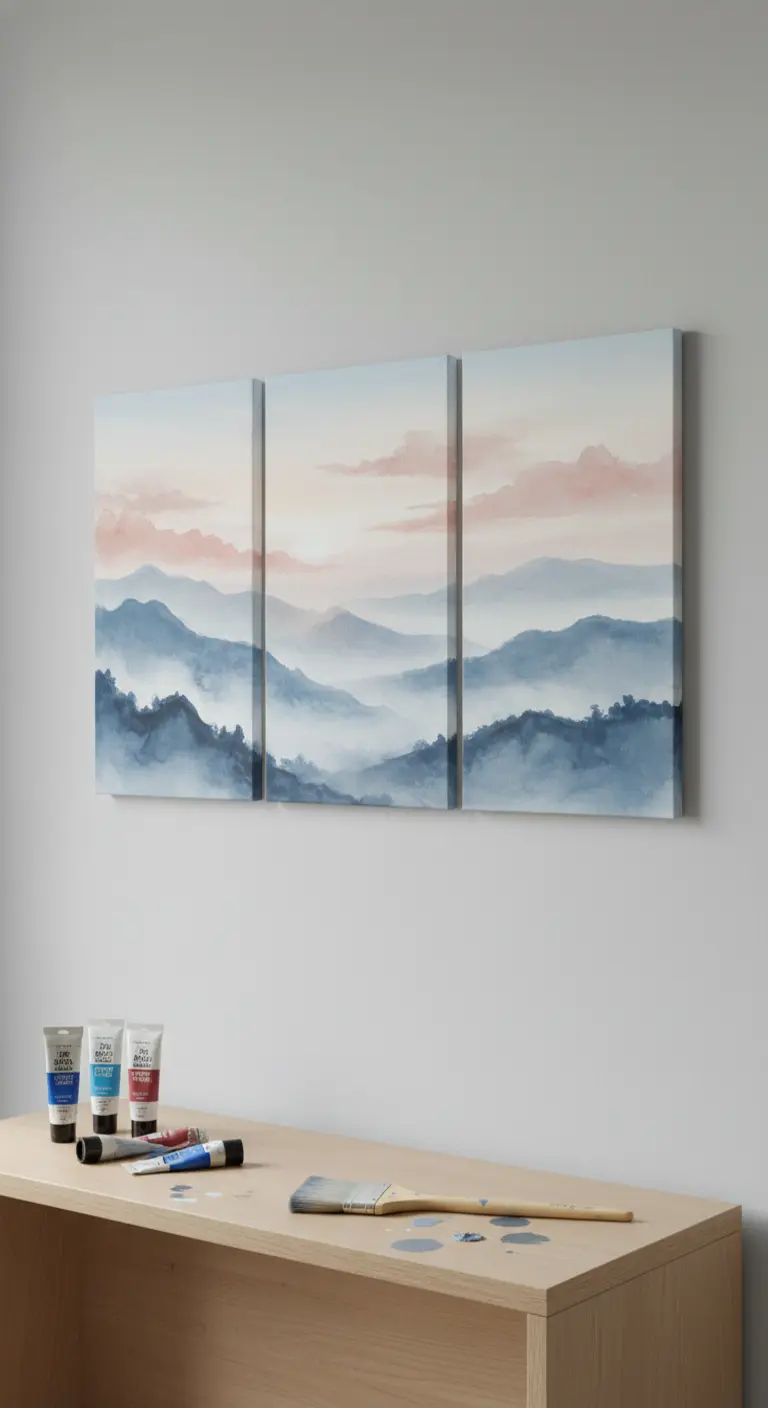 Tríptico de un paisaje de montañas azules con nubes rosadas, pintado al estilo acuarela.