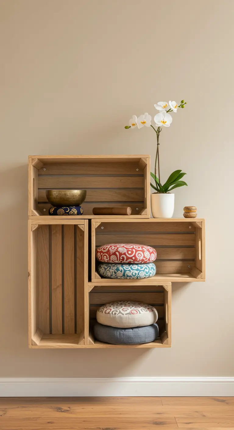 Estantería flotante de cajas de madera clara con cojines de meditación, un cuenco tibetano y una orquídea.