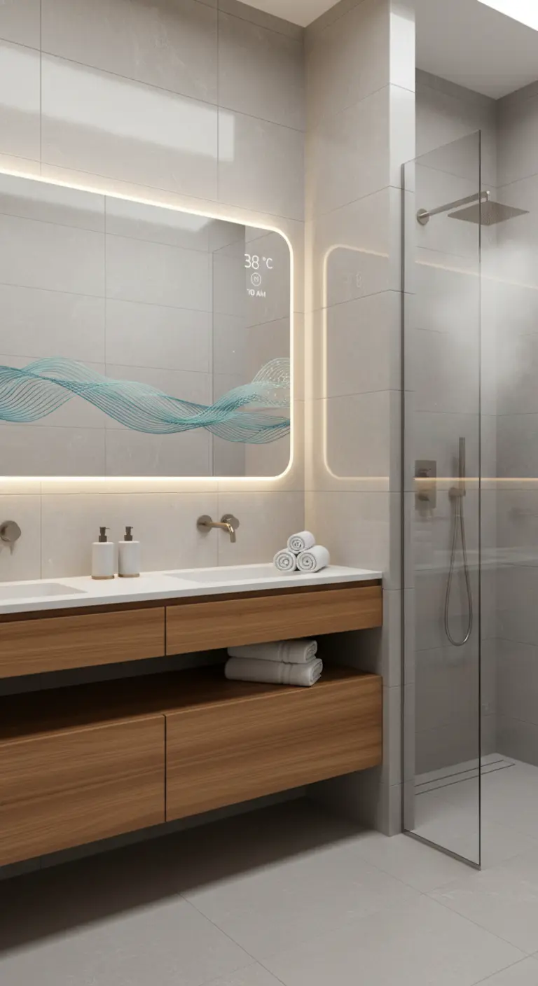 Espejo inteligente con pantalla digital y luz LED perimetral en un baño moderno con lavabo de madera.