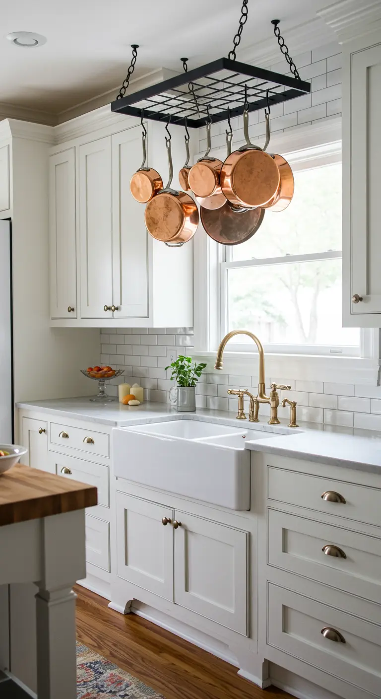 Soporte de techo con sartenes y ollas de cobre colgadas en una cocina blanca clásica