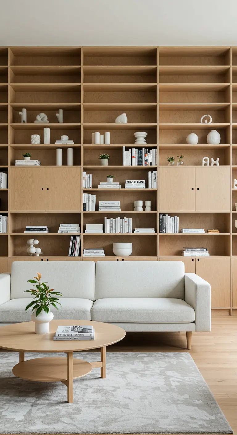 Gran estantería de madera clara de pared a pared en una sala de estar moderna con sofá blanco.