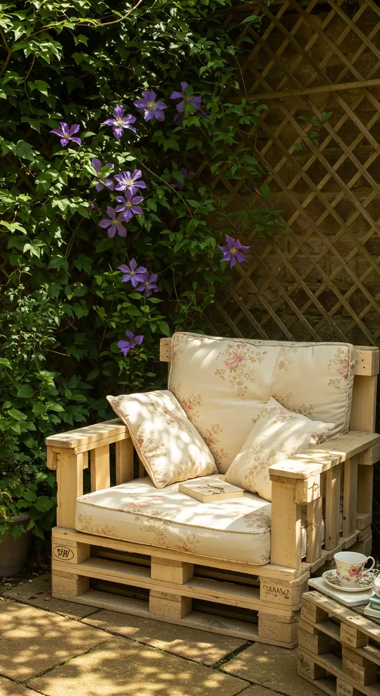 Sillón individual hecho de palets de madera natural con cojines florales, en un rincón sombreado del jardín.