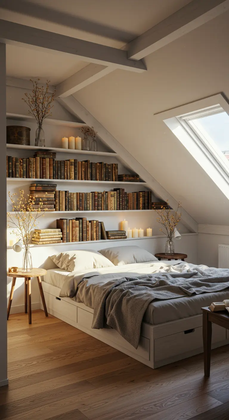 Dormitorio abuhardillado con estanterías llenas de libros sobre la cama y luz cálida.
