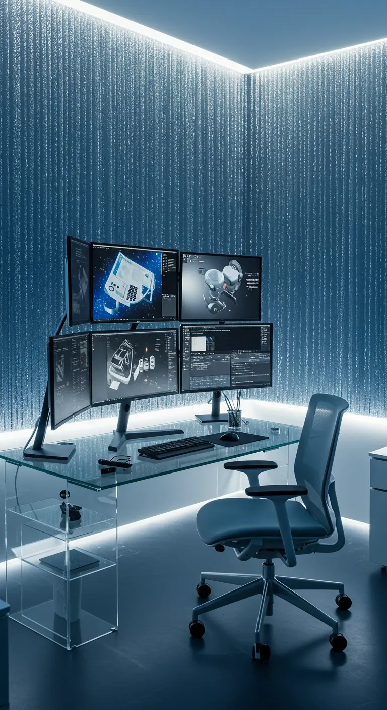 Setup de alta tecnología con múltiples monitores, escritorio de cristal y luces LED azules.