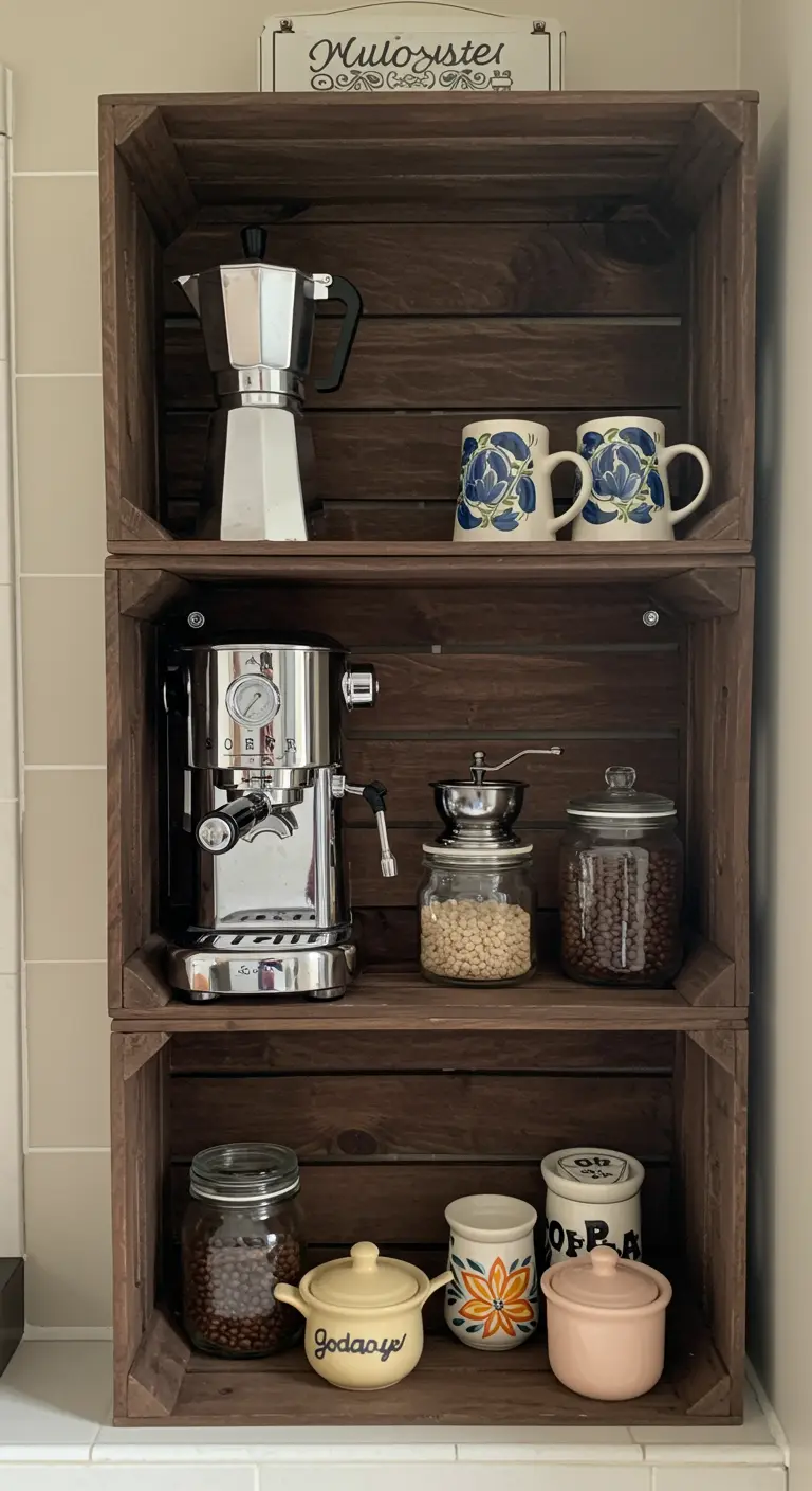 Estación de café vertical con tres cajas de madera oscura, organizando cafeteras, tazas y granos.