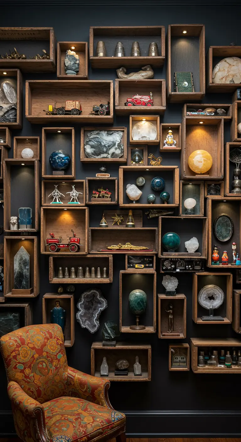 Pared cubierta de cajas de madera de diferentes tamaños, iluminadas individualmente como un gabinete de curiosidades.