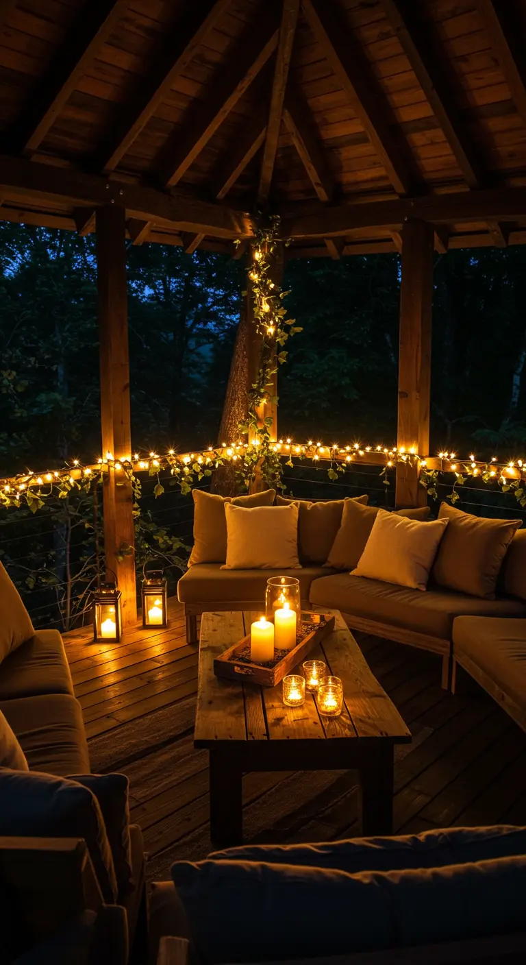 Gazebo de madera con sofás, decorado con guirnaldas de luces y un centro de mesa con velas.