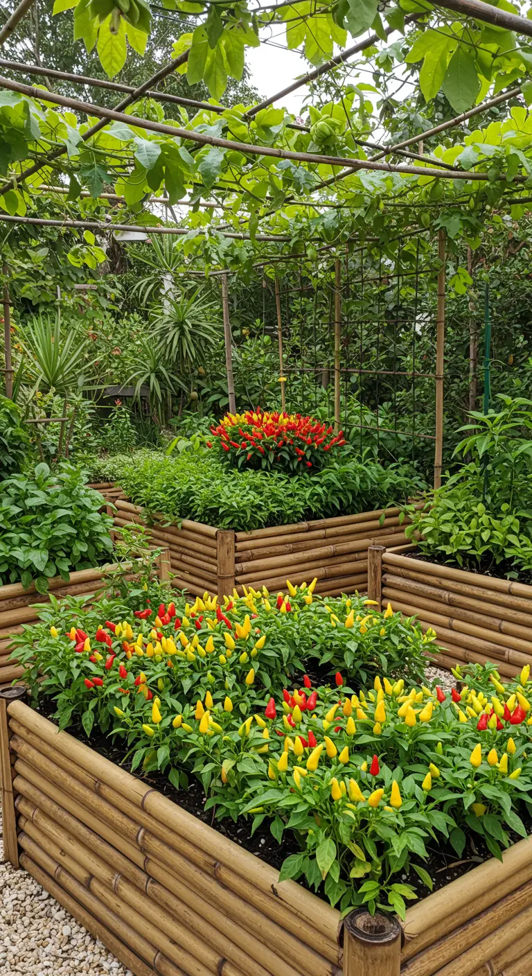 Bancales elevados de jardín hechos con bambú, llenos de plantas de pimientos de colores vivos.