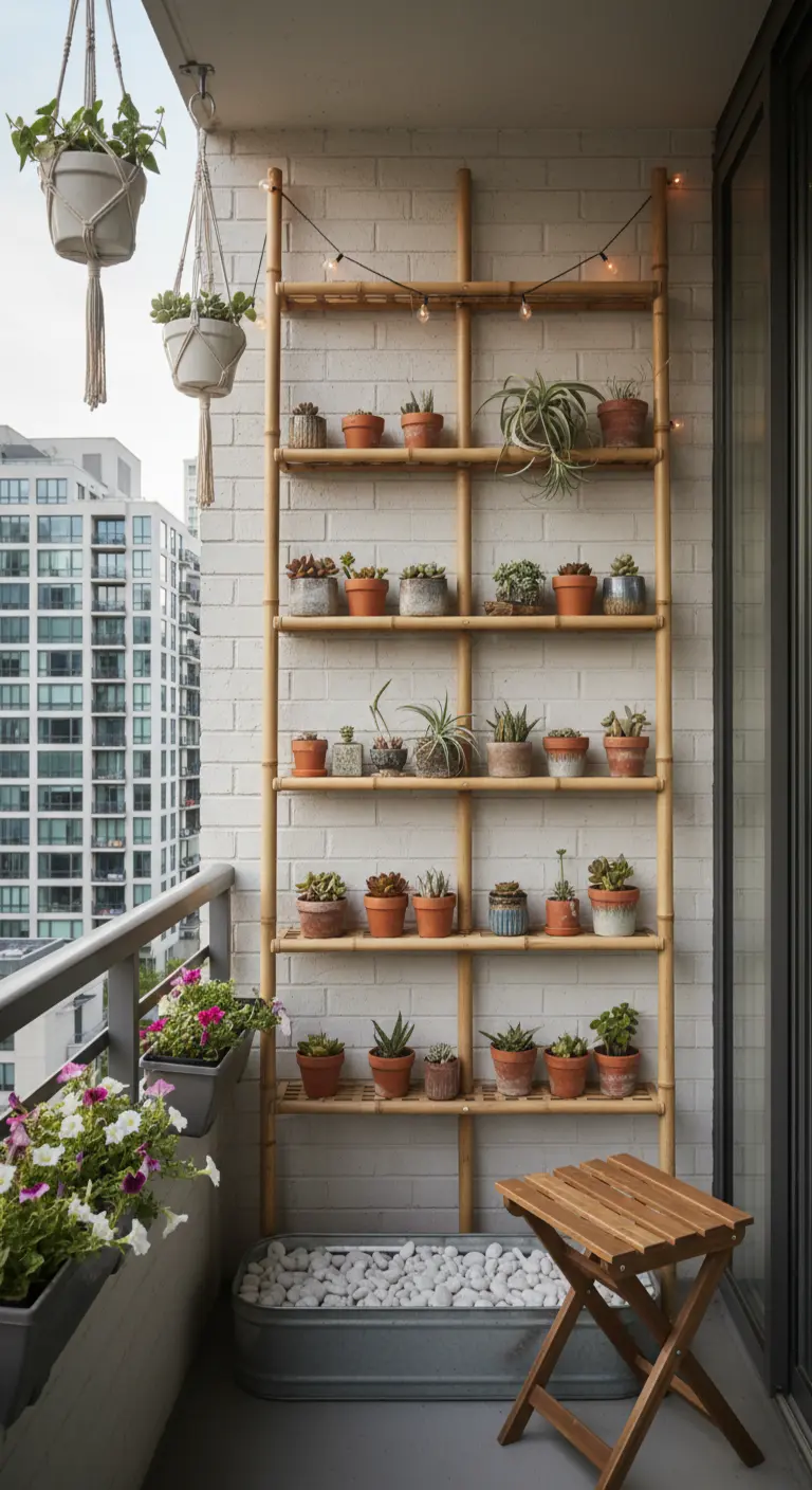 Estantería de bambú en un balcón llena de pequeñas macetas con suculentas y plantas.