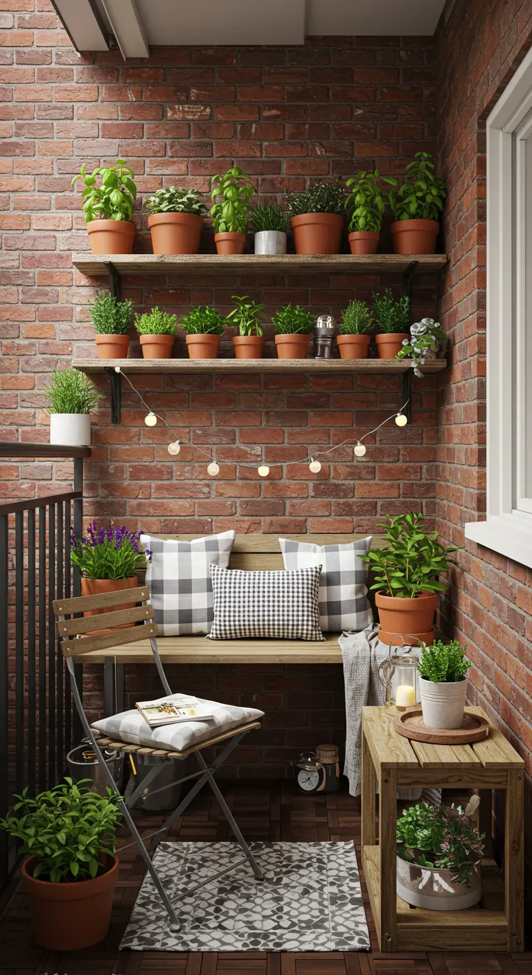 Balcón acogedor con estantes de madera llenos de plantas en macetas y un banco con cojines.