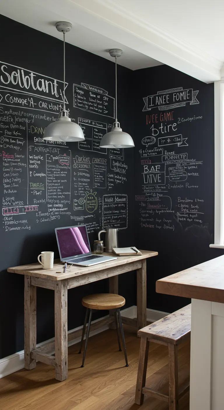 Pared de pizarra en una esquina de la cocina con un escritorio de madera rústica