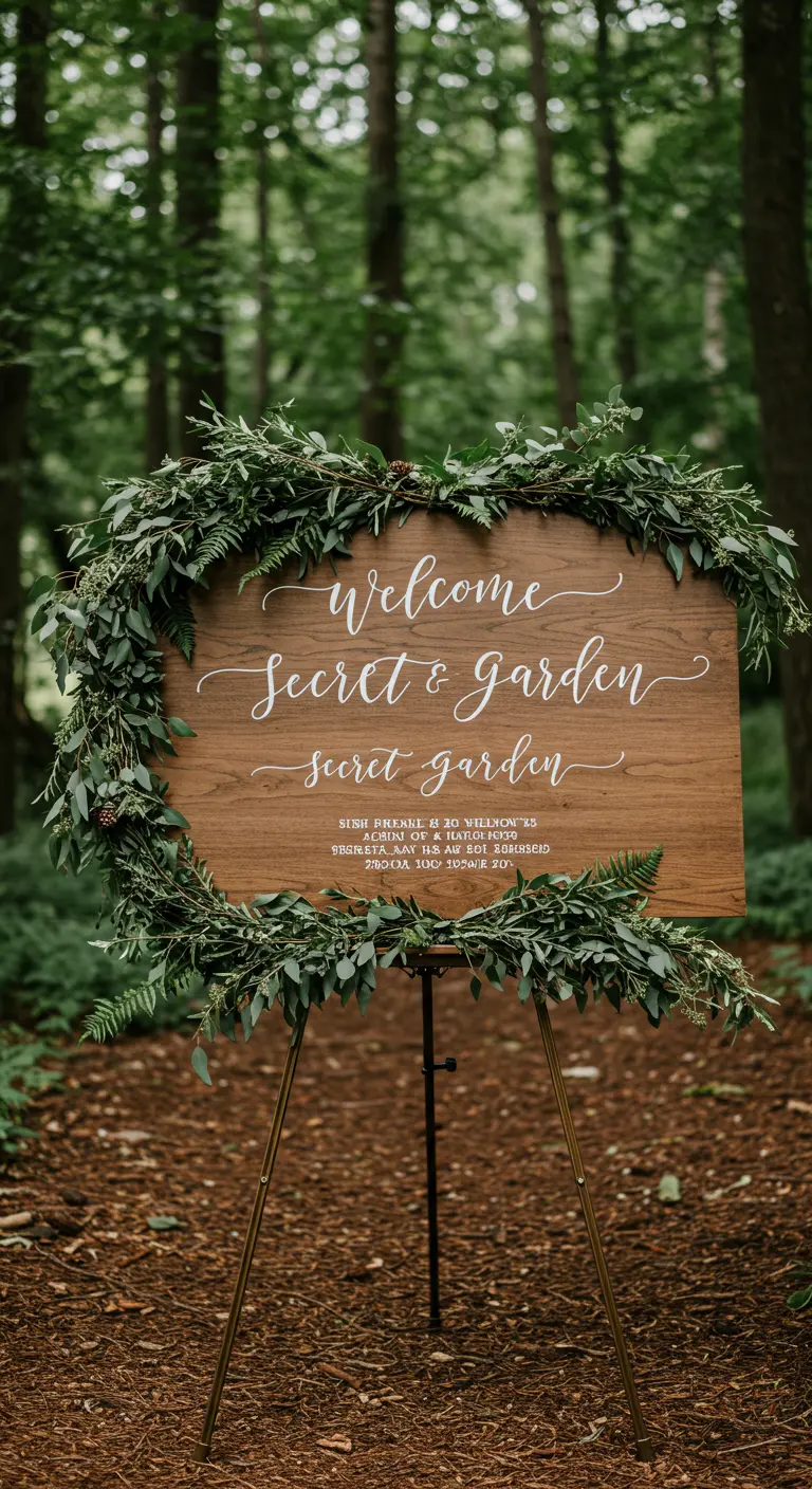 Cartel de bienvenida de madera sobre un caballete, rodeado por una corona de hojas verdes.