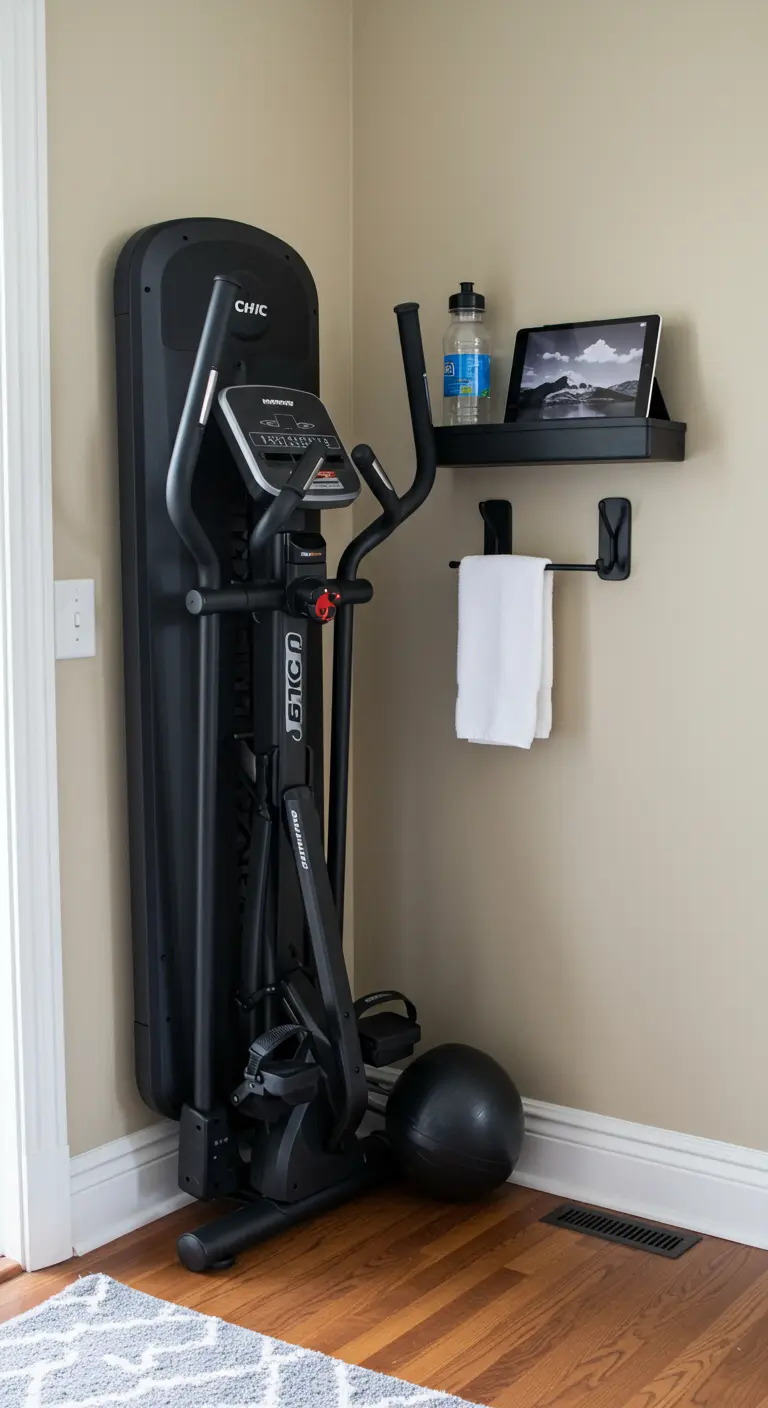 Rincón de gimnasio en casa con una máquina elíptica plegable, una estantería y un toallero.