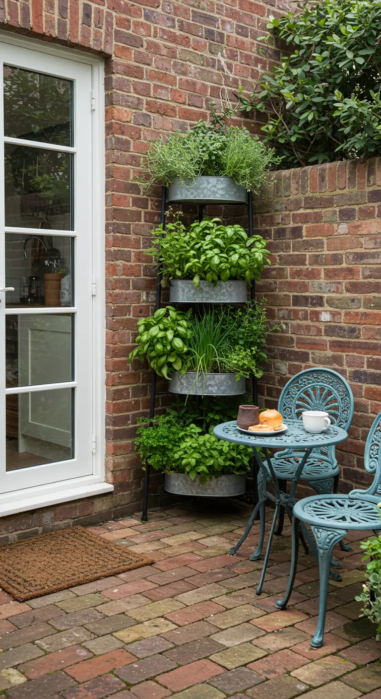 Pequeño patio de ladrillo con una estantería metálica de varios niveles usada como huerto de hierbas.