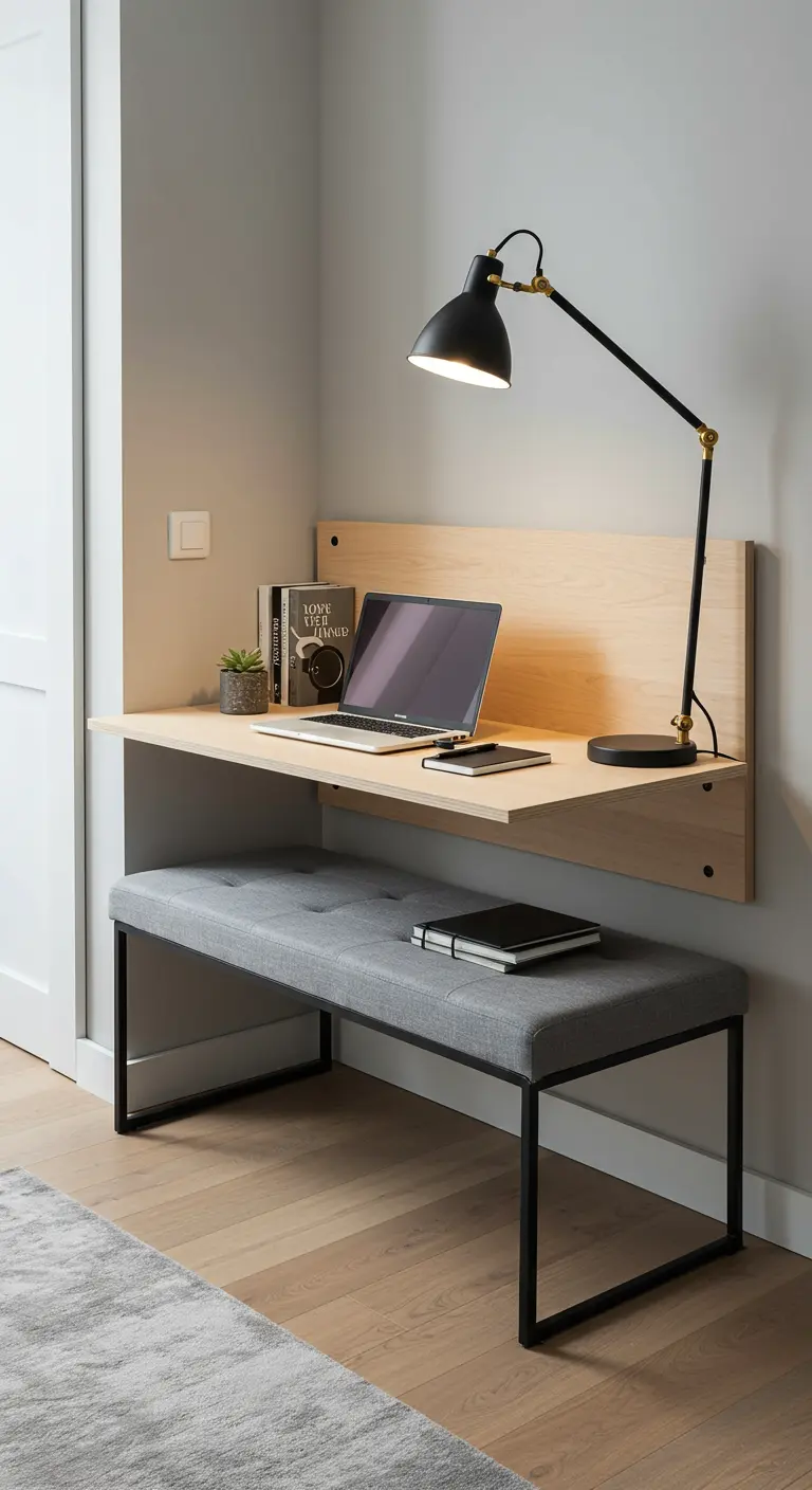 Un banco tapizado en gris bajo un escritorio flotante de madera en un rincón de trabajo minimalista.