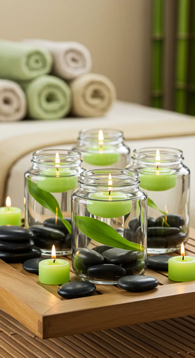 Frascos de vidrio con piedras negras, hojas verdes y velas flotantes verdes sobre una bandeja de bambú.