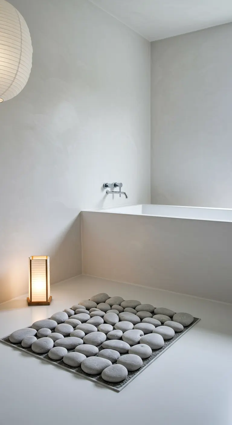 Rincón de baño minimalista con alfombrilla de piedras de río y una lámpara japonesa de sobremesa.