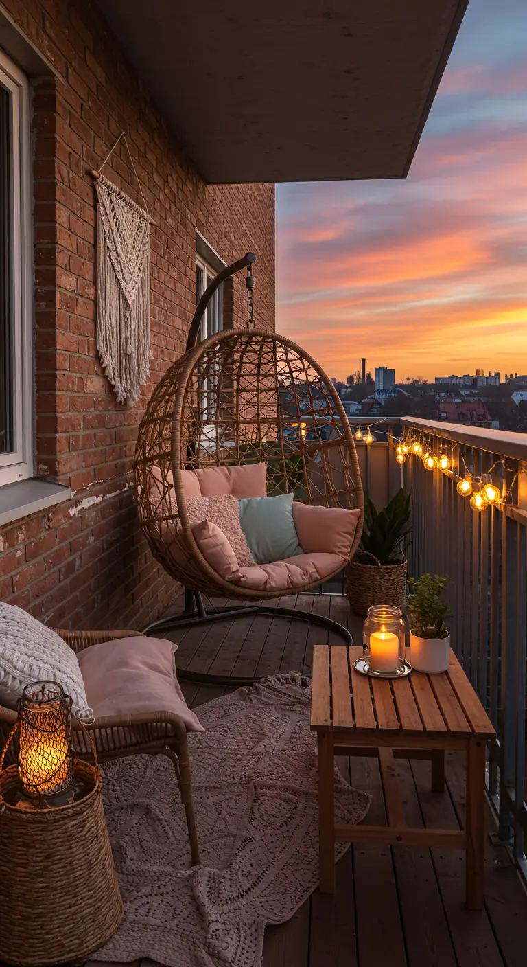 Balcón boho con silla colgante, cojines pastel, macramé y guirnaldas de luces al atardecer