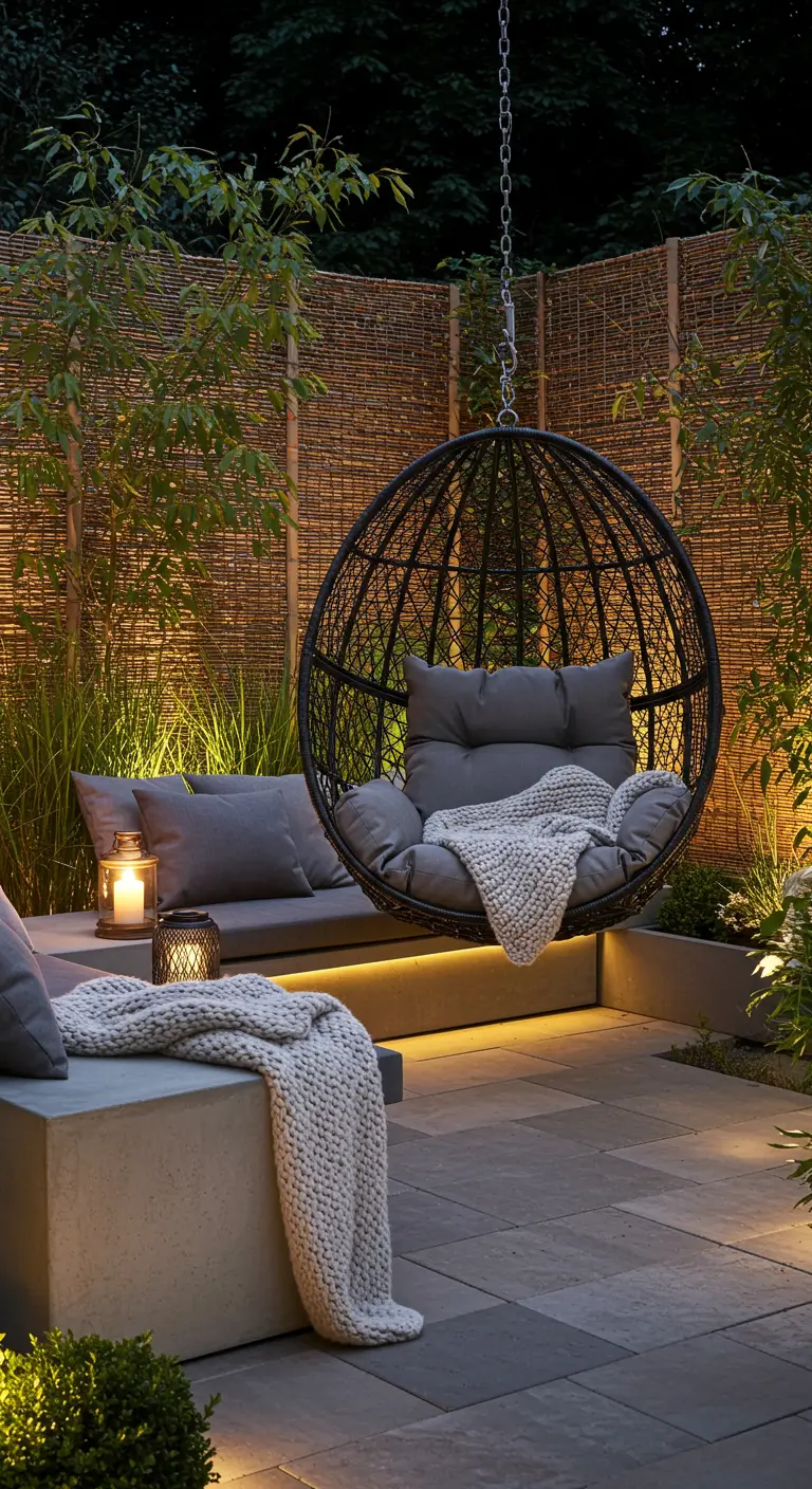 Patio moderno y minimalista con un sillón colgante negro, cojines grises y luces LED indirectas.