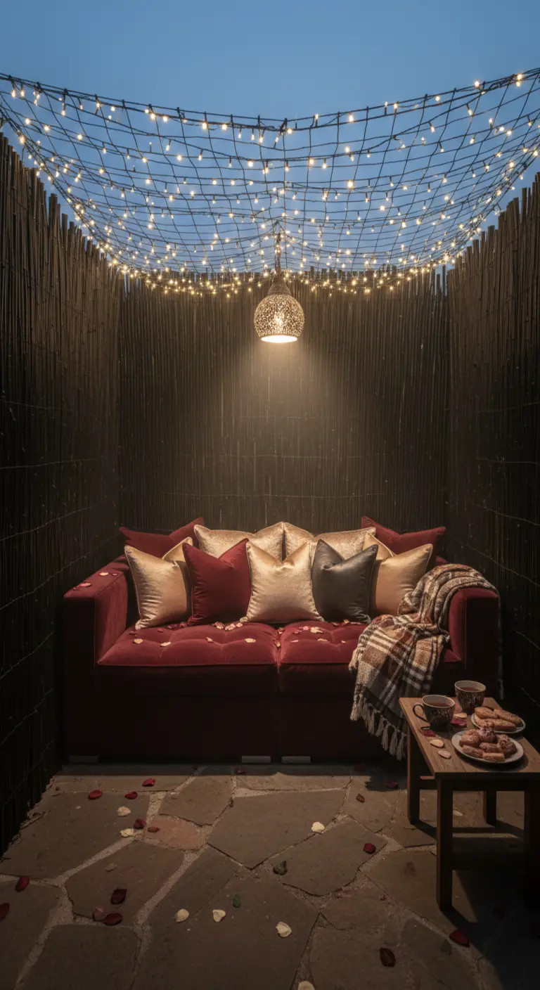 Rincón íntimo con un sofá de terciopelo rojo y un techo hecho de red con luces de hadas