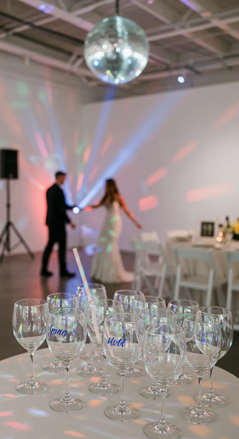 Copas de vino con nombres escritos en purpurina azul, con una bola de discoteca al fondo.