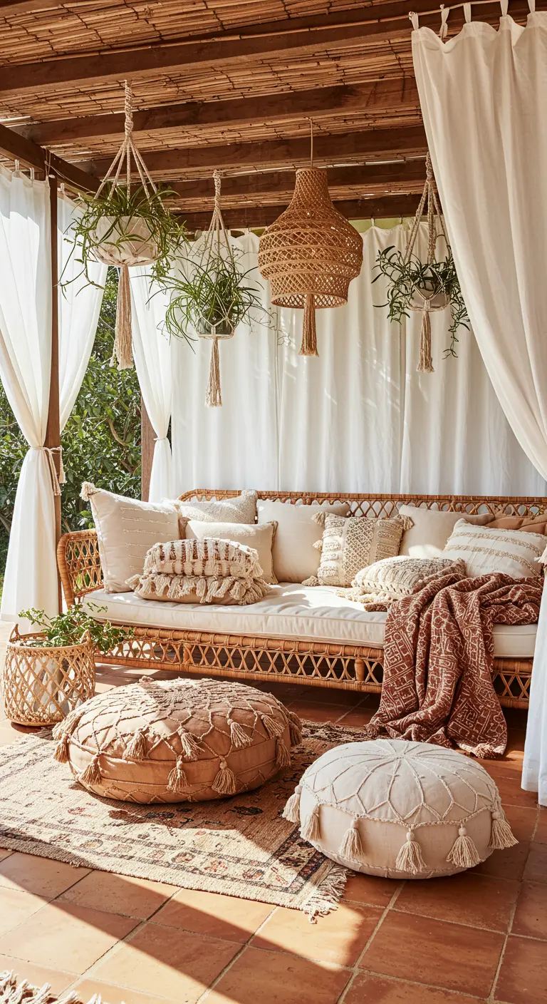 Porche de estilo boho con sofá de ratán, cojines texturizados en tonos neutros y plantas colgantes.