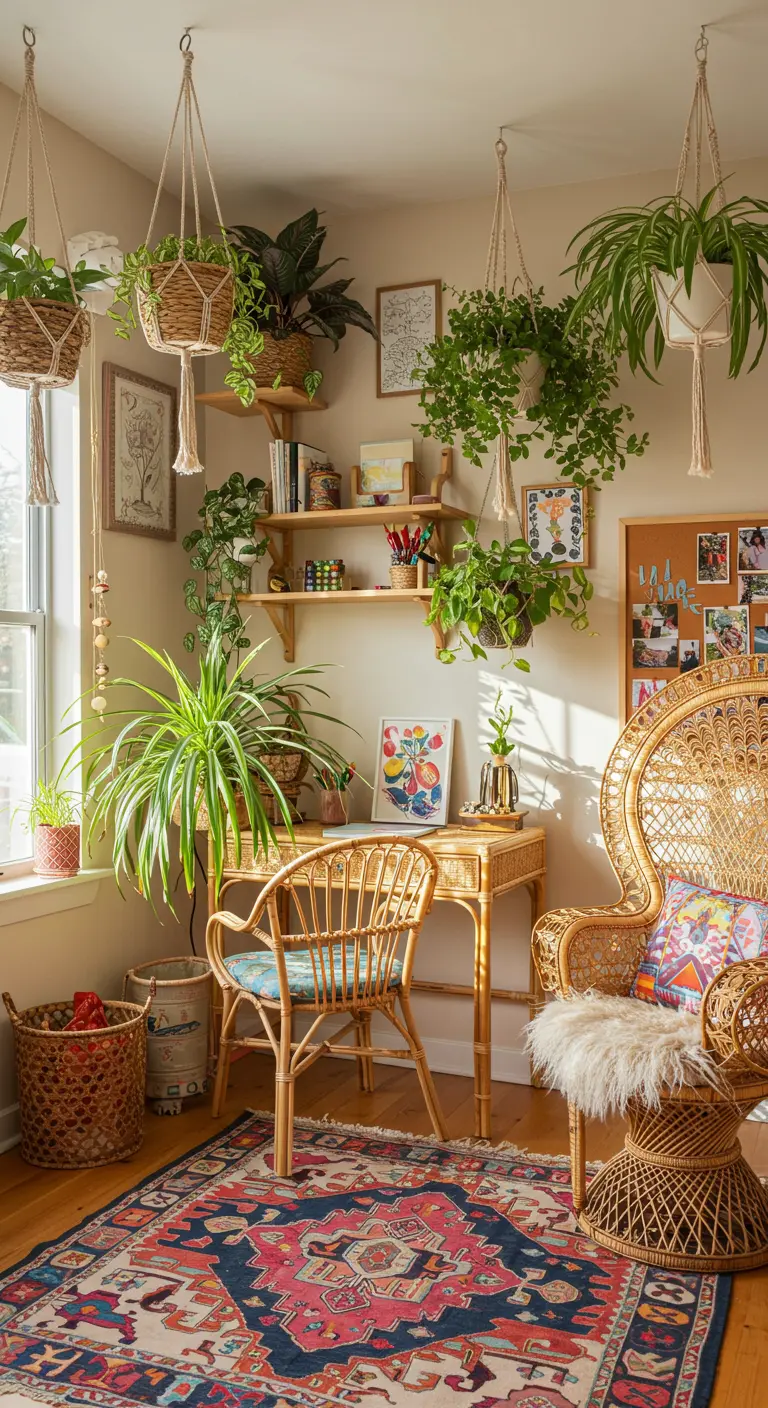 Rincón de oficina bohemio con silla de pavo real, plantas colgantes en macramé y alfombra colorida.